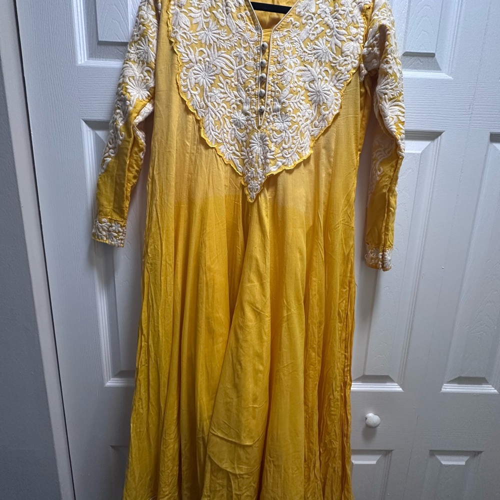Ethnic Indian Wear Gold Maxi Dress with Bishop Sleeves and Bib Collar